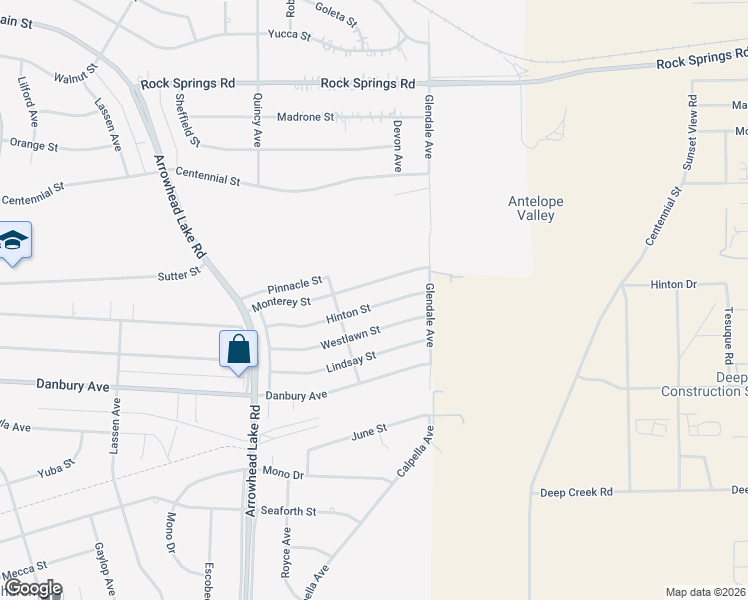 map of restaurants, bars, coffee shops, grocery stores, and more near 19190 Hinton Street in Hesperia