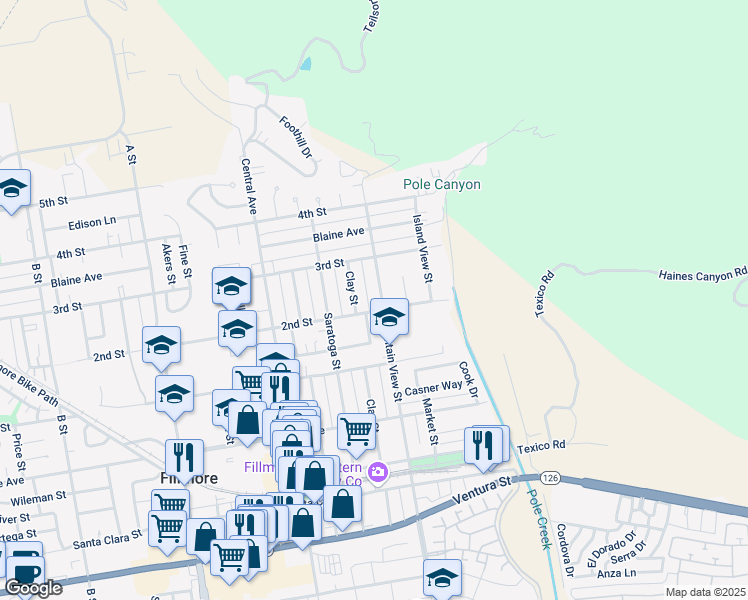 map of restaurants, bars, coffee shops, grocery stores, and more near 608 Mountain View Street in Fillmore