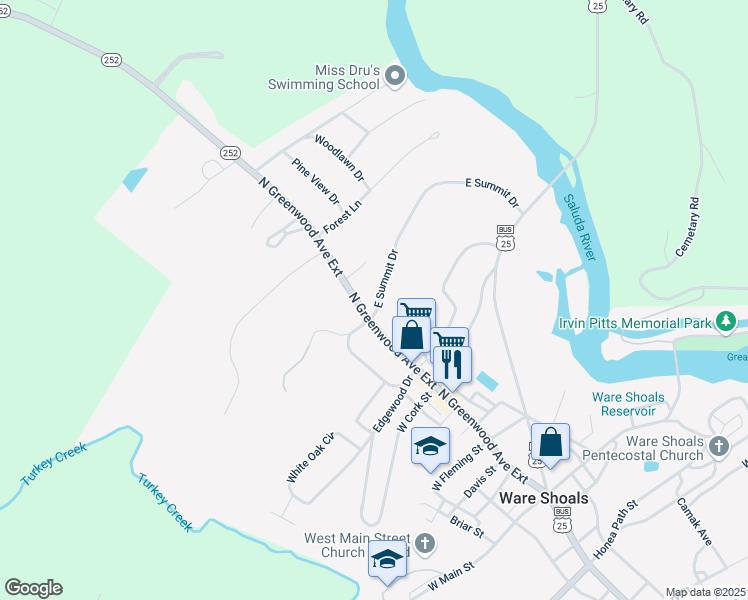 map of restaurants, bars, coffee shops, grocery stores, and more near 3 East Summit Drive in Ware Shoals