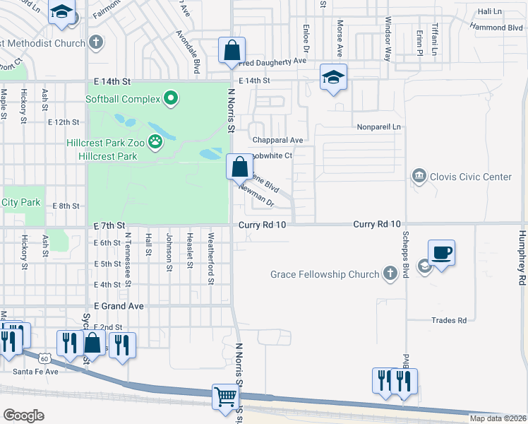 map of restaurants, bars, coffee shops, grocery stores, and more near 208 Burro Trail in Clovis