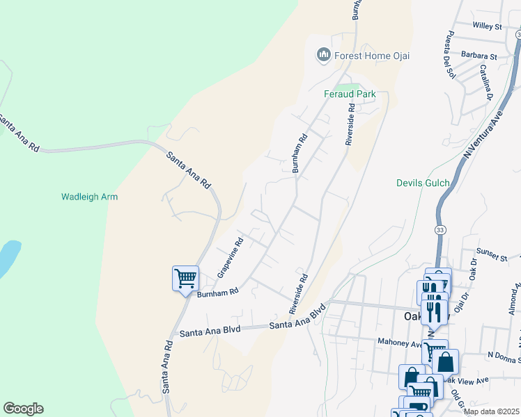 map of restaurants, bars, coffee shops, grocery stores, and more near 255 Burnham Road in Oak View