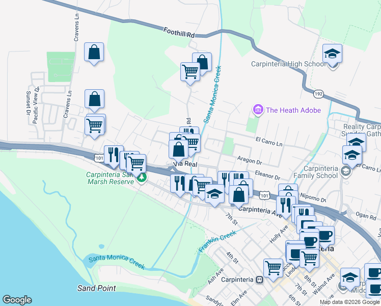 map of restaurants, bars, coffee shops, grocery stores, and more near 4311 Verano Drive in Carpinteria