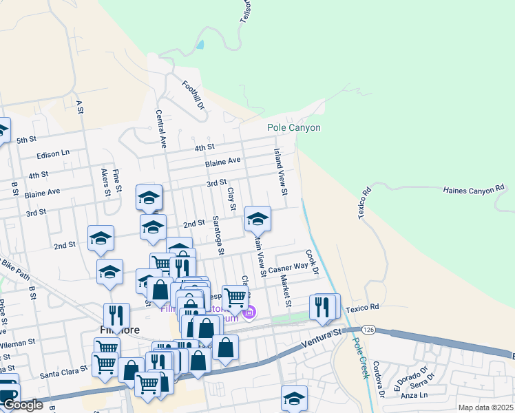 map of restaurants, bars, coffee shops, grocery stores, and more near 608 Mountain View Street in Fillmore