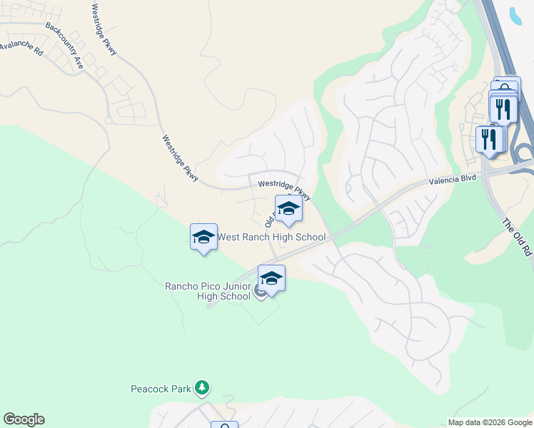 map of restaurants, bars, coffee shops, grocery stores, and more near 26101 Knoll Court in Stevenson Ranch