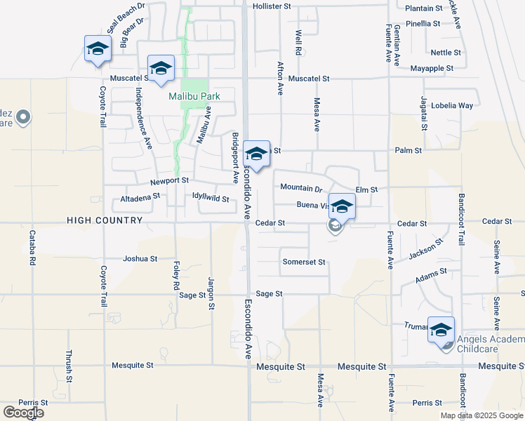 map of restaurants, bars, coffee shops, grocery stores, and more near 8535 Daybreak Court in Hesperia