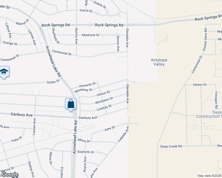 map of restaurants, bars, coffee shops, grocery stores, and more near 19190 Hinton Street in Hesperia