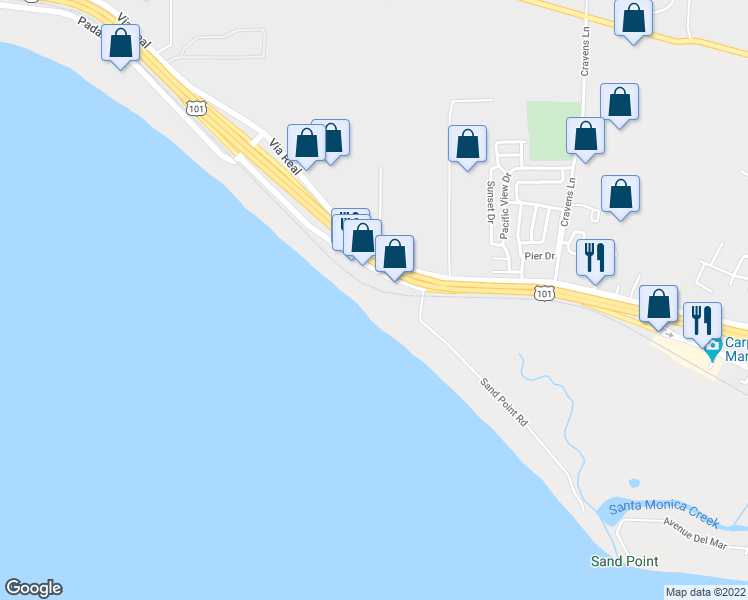 map of restaurants, bars, coffee shops, grocery stores, and more near 879 Sand Point Road in Carpinteria