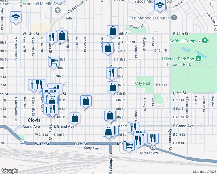map of restaurants, bars, coffee shops, grocery stores, and more near 716 North Prince Street in Clovis