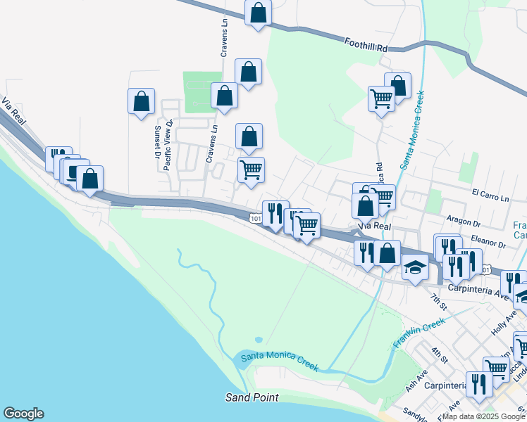 map of restaurants, bars, coffee shops, grocery stores, and more near 4070 Via Real in Carpinteria