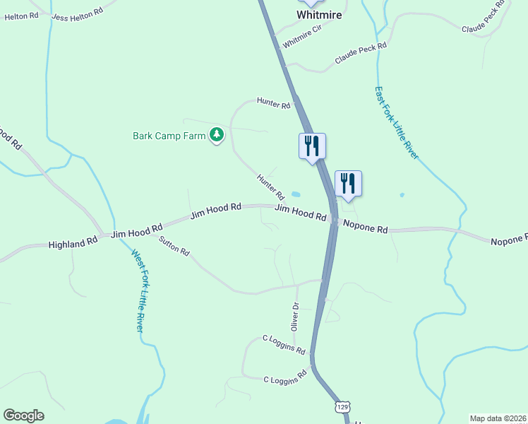 map of restaurants, bars, coffee shops, grocery stores, and more near 4213 Jim Hood Road in Gainesville