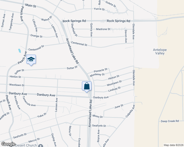 map of restaurants, bars, coffee shops, grocery stores, and more near 18966 Monterey Street in Hesperia