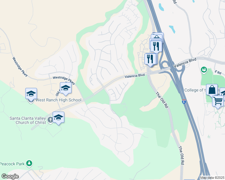 map of restaurants, bars, coffee shops, grocery stores, and more near 26734 Via Bellazza in Stevenson Ranch