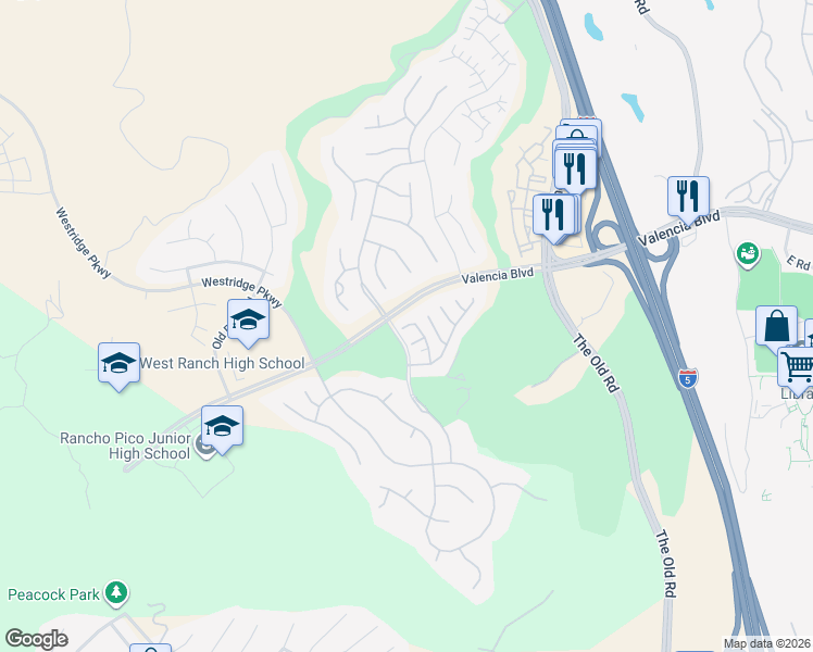 map of restaurants, bars, coffee shops, grocery stores, and more near 25605 Via Viejo in Los Angeles County