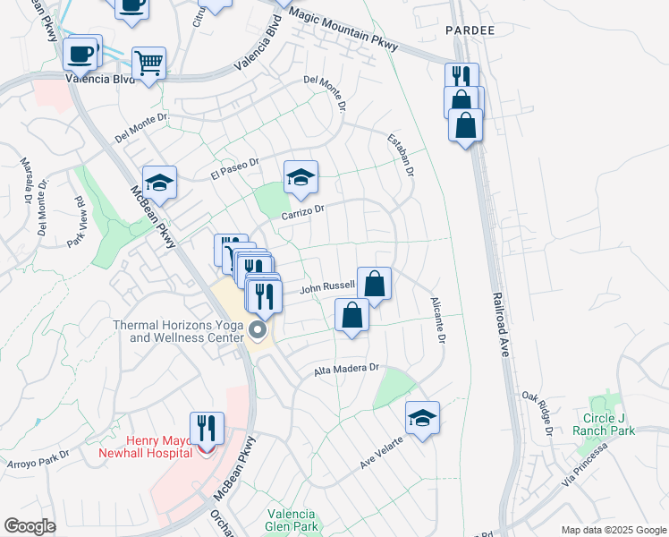 map of restaurants, bars, coffee shops, grocery stores, and more near 25821 Vaquero Court in Santa Clarita