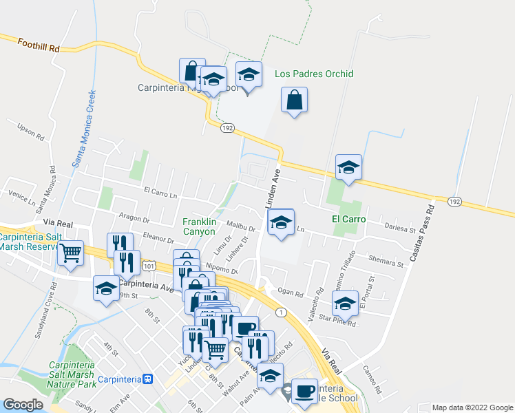 map of restaurants, bars, coffee shops, grocery stores, and more near 4938 El Carro Lane in Carpinteria