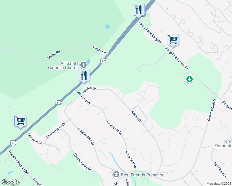 map of restaurants, bars, coffee shops, grocery stores, and more near 101 Kiskadee Court in Hampstead