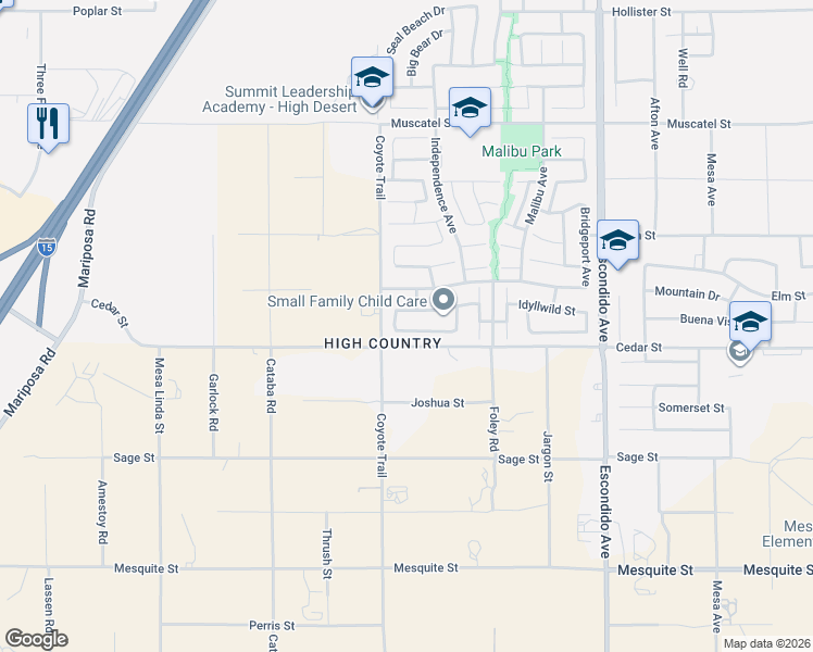map of restaurants, bars, coffee shops, grocery stores, and more near 12934 Pearblossom Street in Hesperia