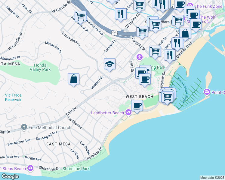 map of restaurants, bars, coffee shops, grocery stores, and more near 831 Cliff Drive in Santa Barbara