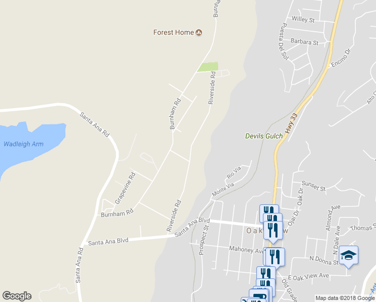 map of restaurants, bars, coffee shops, grocery stores, and more near 309 Riverside Road in Oak View