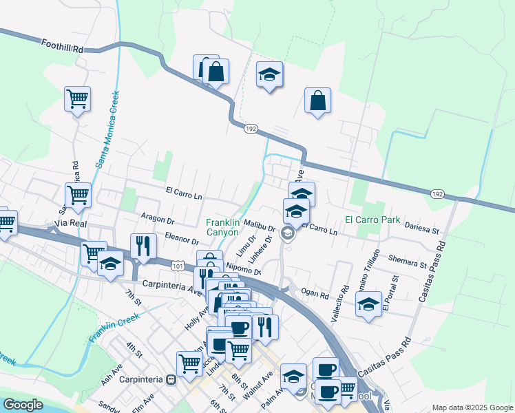 map of restaurants, bars, coffee shops, grocery stores, and more near 4887 El Carro Lane in Carpinteria