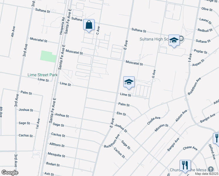 map of restaurants, bars, coffee shops, grocery stores, and more near 16756 Lime Street in Hesperia