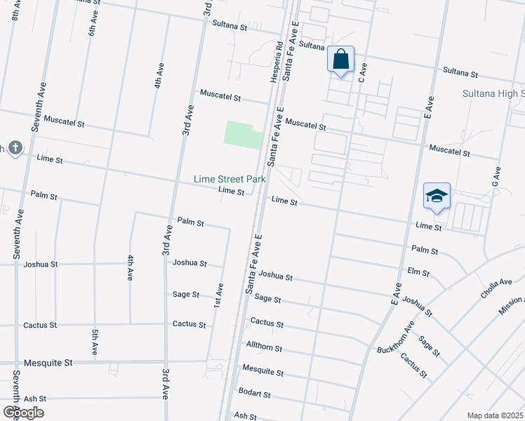 map of restaurants, bars, coffee shops, grocery stores, and more near 8351-8549 Santa Fe Avenue East in Hesperia