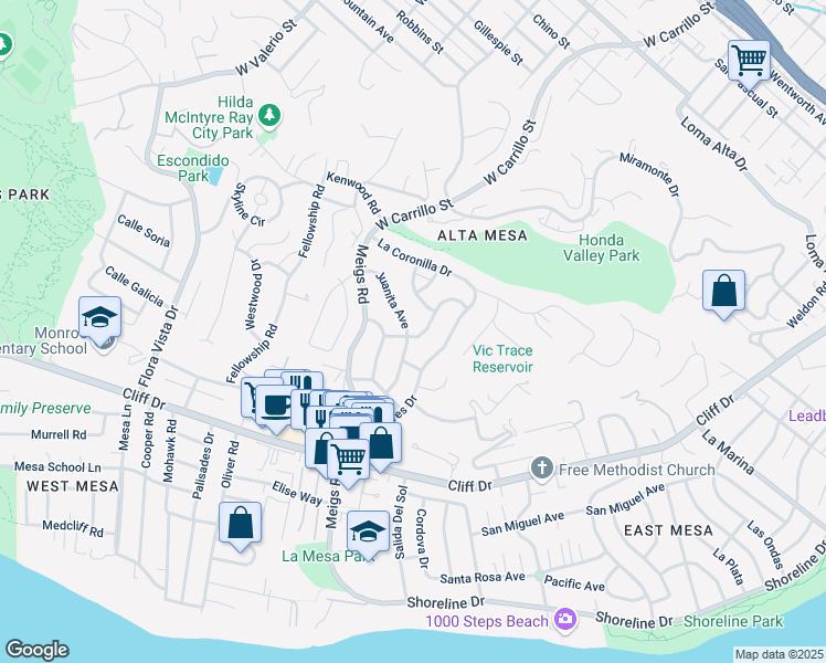 map of restaurants, bars, coffee shops, grocery stores, and more near 707 Juanita Avenue in Santa Barbara