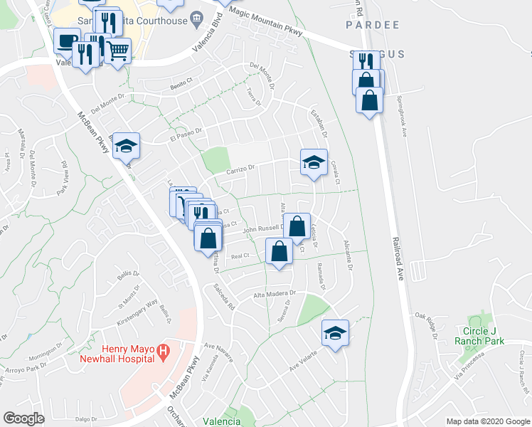 map of restaurants, bars, coffee shops, grocery stores, and more near 25821 Vaquero Court in Santa Clarita