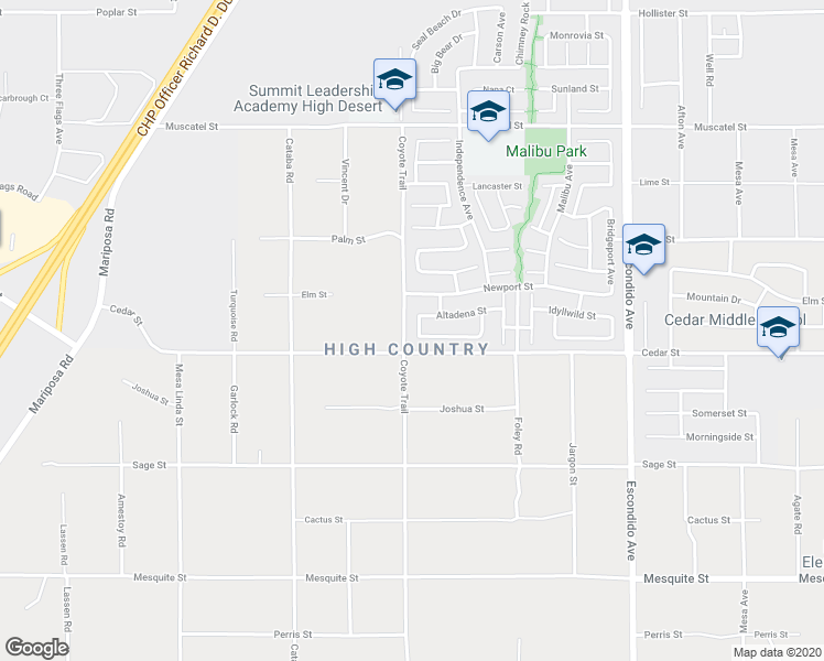 map of restaurants, bars, coffee shops, grocery stores, and more near 8544 Ojai Avenue in Hesperia