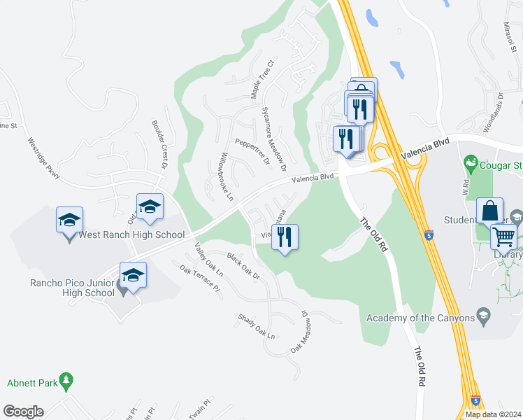 map of restaurants, bars, coffee shops, grocery stores, and more near 26640 Via Bellazza in Stevenson Ranch