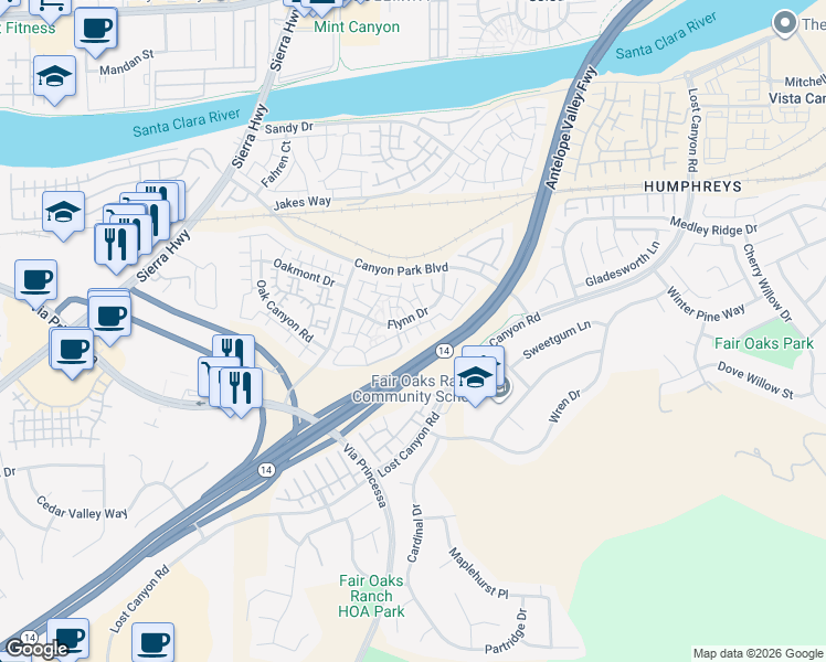 map of restaurants, bars, coffee shops, grocery stores, and more near 18102 Flynn Drive in Santa Clarita