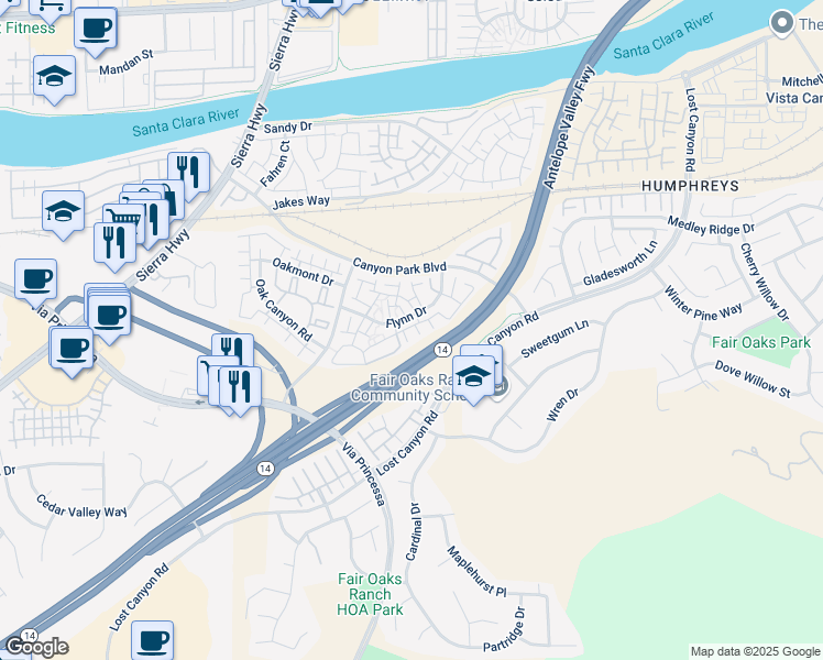 map of restaurants, bars, coffee shops, grocery stores, and more near 18112 Flynn Drive in Santa Clarita
