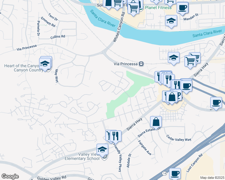map of restaurants, bars, coffee shops, grocery stores, and more near 26701 Oak Branch Circle in Santa Clarita