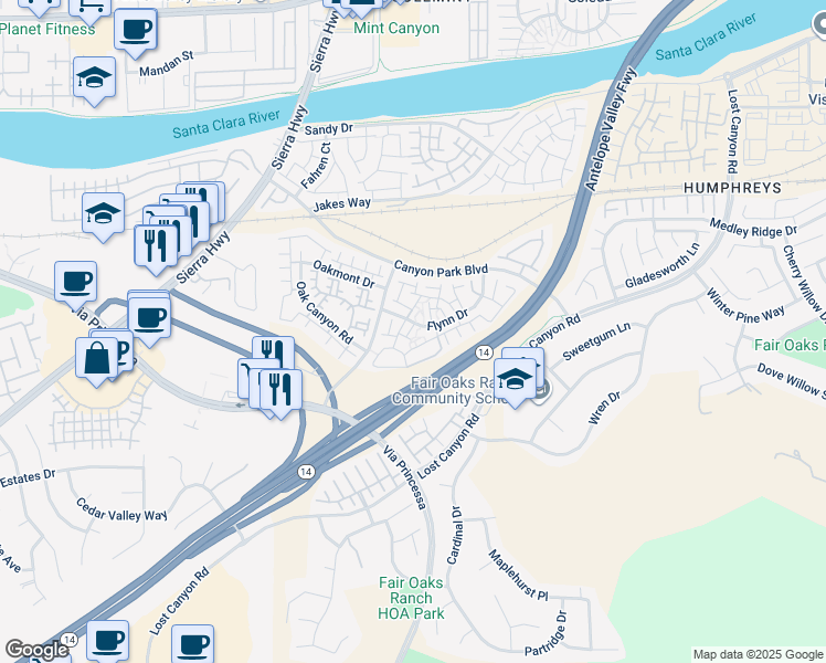 map of restaurants, bars, coffee shops, grocery stores, and more near 18130 Flynn Drive in Los Angeles County