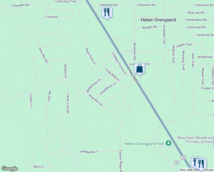 map of restaurants, bars, coffee shops, grocery stores, and more near 2855 Big Pine Road in Heber-Overgaard