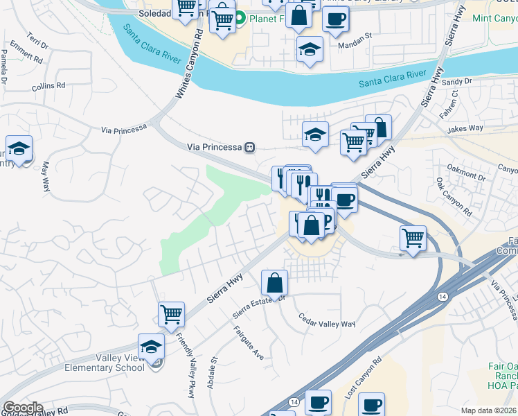 map of restaurants, bars, coffee shops, grocery stores, and more near 18914 Circle of the Oaks in Santa Clarita