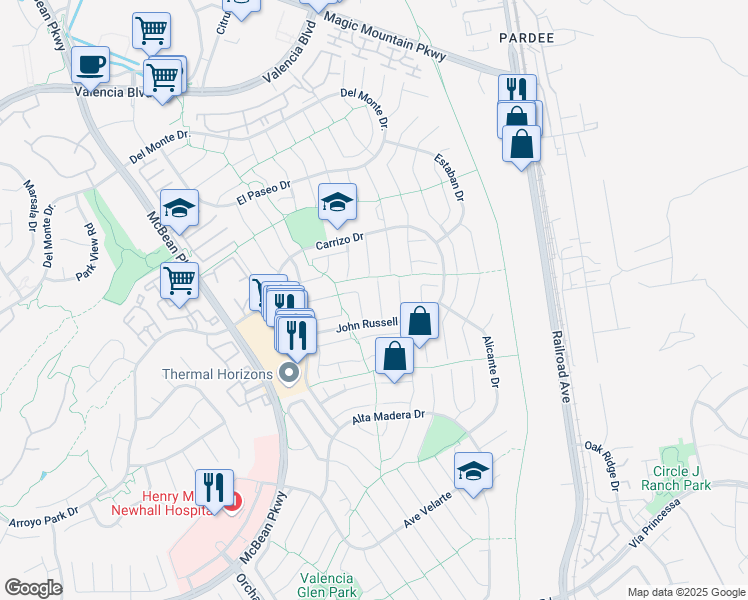 map of restaurants, bars, coffee shops, grocery stores, and more near 25814 Vaquero Court in Santa Clarita
