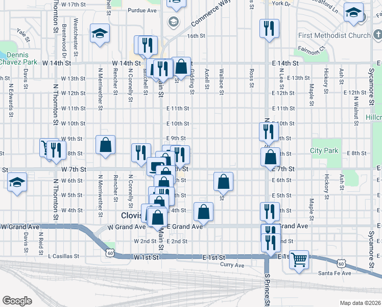 map of restaurants, bars, coffee shops, grocery stores, and more near 798 Gidding St in Clovis