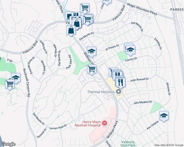 map of restaurants, bars, coffee shops, grocery stores, and more near 26117 McBean Parkway in Santa Clarita