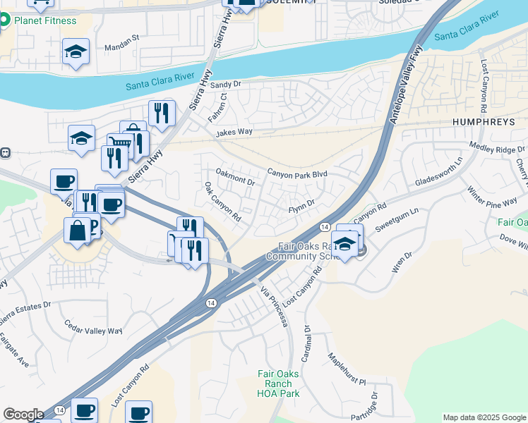 map of restaurants, bars, coffee shops, grocery stores, and more near 27009 Karns Court in Santa Clarita