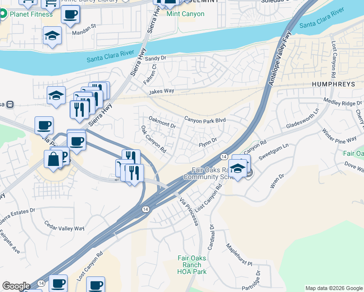 map of restaurants, bars, coffee shops, grocery stores, and more near 27021 Karns Court in Santa Clarita
