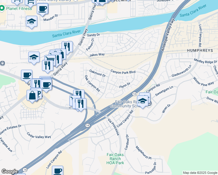 map of restaurants, bars, coffee shops, grocery stores, and more near 27023 Karns Court in Santa Clarita