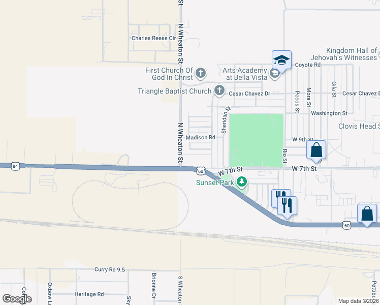 map of restaurants, bars, coffee shops, grocery stores, and more near 3801 Weston Street in Clovis