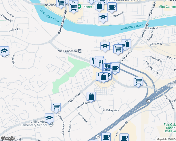 map of restaurants, bars, coffee shops, grocery stores, and more near 26827 Circle of the Oaks in Santa Clarita