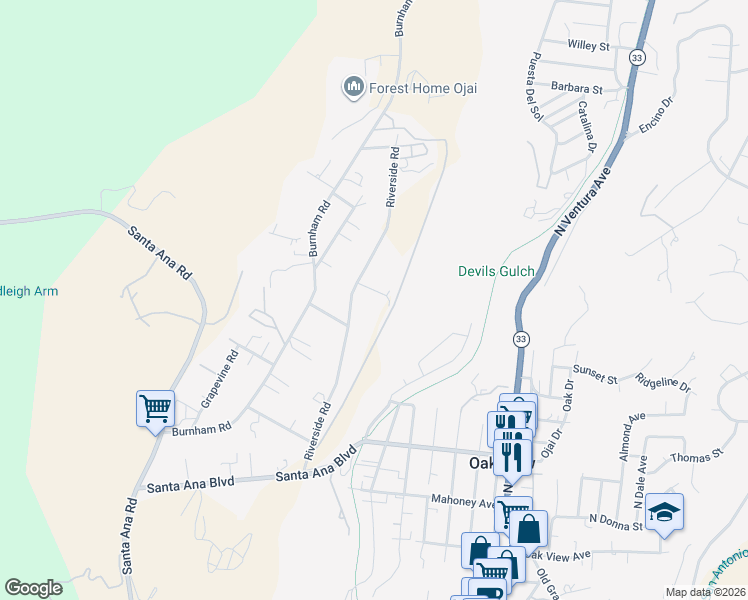 map of restaurants, bars, coffee shops, grocery stores, and more near 350 Riverside Road in Oak View