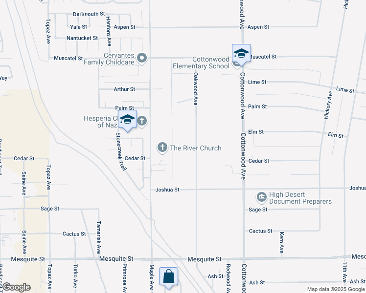 map of restaurants, bars, coffee shops, grocery stores, and more near 8560 Oakwood Avenue in Hesperia
