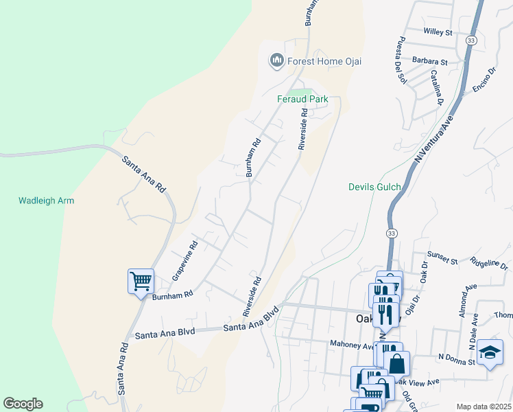 map of restaurants, bars, coffee shops, grocery stores, and more near 296 Burnham Road in Oak View