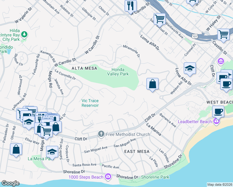map of restaurants, bars, coffee shops, grocery stores, and more near 1522 La Coronilla Drive in Santa Barbara