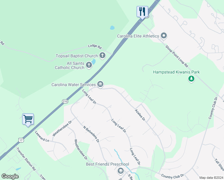map of restaurants, bars, coffee shops, grocery stores, and more near 126 Azalea Drive in Hampstead