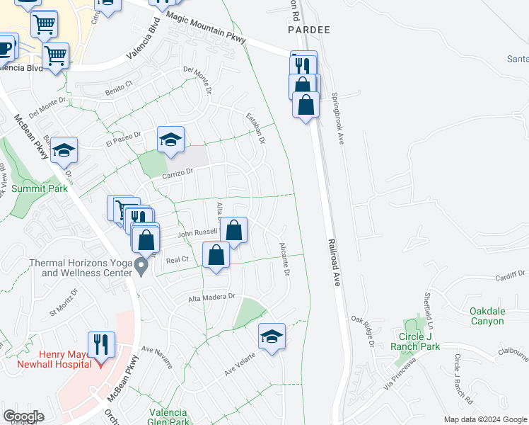 map of restaurants, bars, coffee shops, grocery stores, and more near 25748 Leticia Drive in Santa Clarita